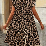 Women's 1-5XL Leopard Print A-Line Fashion Designer Midi Dresses (Plus Size)