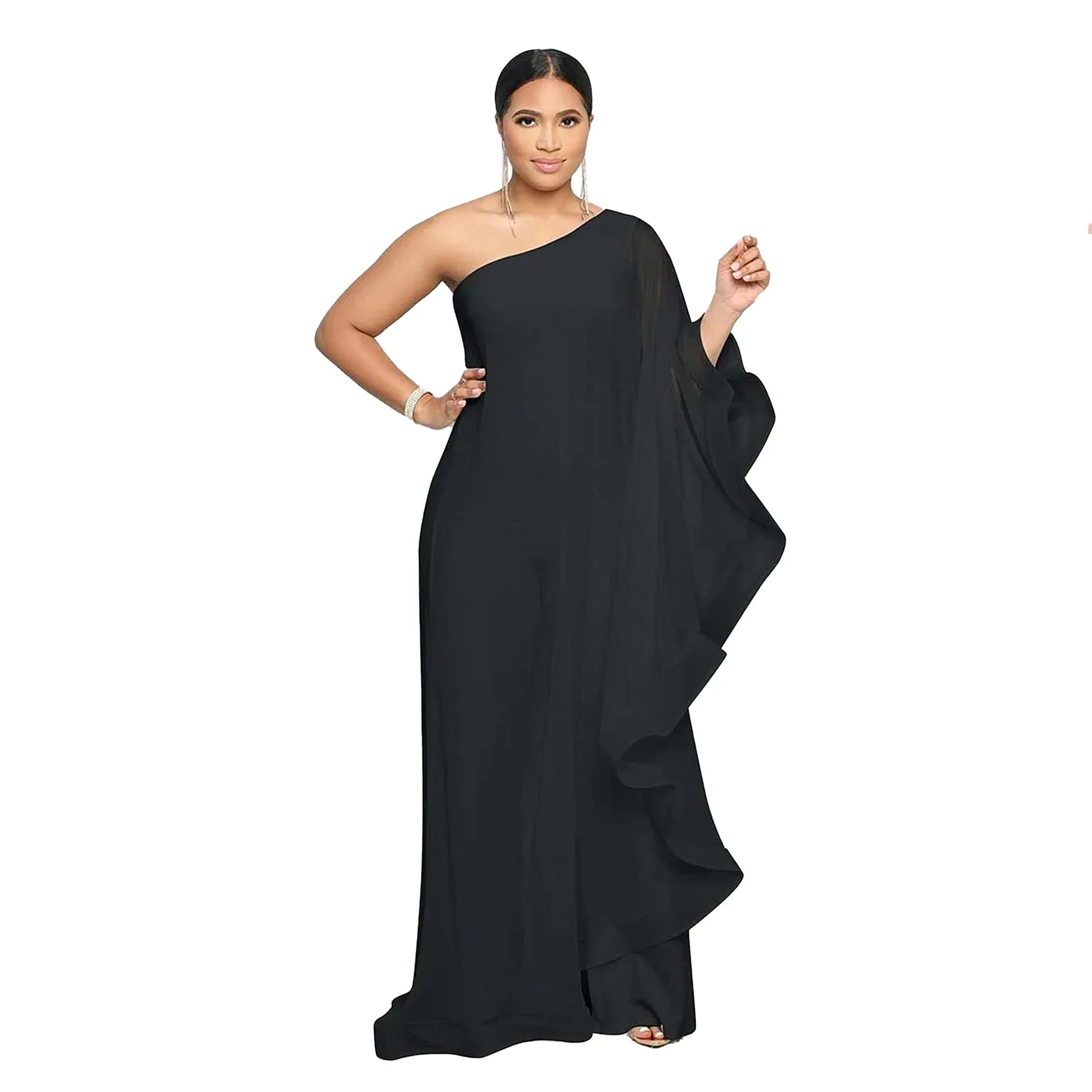 Women's 2-3XL Fashion Designer Ruffle One Shoulder Jumpsuits (Plus Size)-Women's Plus Size Fashion Designer Rompers / Jumpsuits-Women's fashion designer plus size clothes
