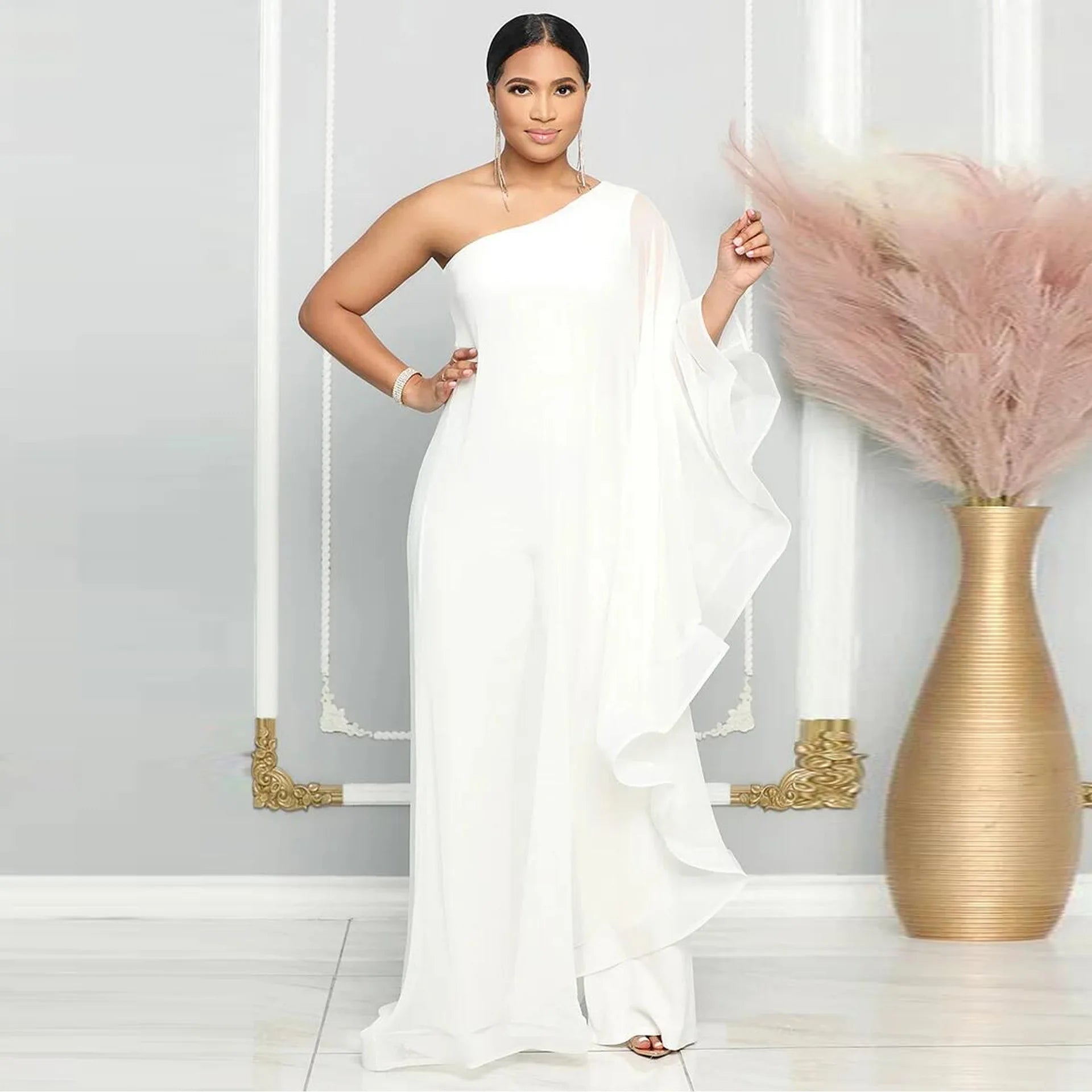 Women's 2-3XL Fashion Designer Ruffle One Shoulder Jumpsuits (Plus Size)-Women's Plus Size Fashion Designer Rompers / Jumpsuits-Women's fashion designer plus size clothes