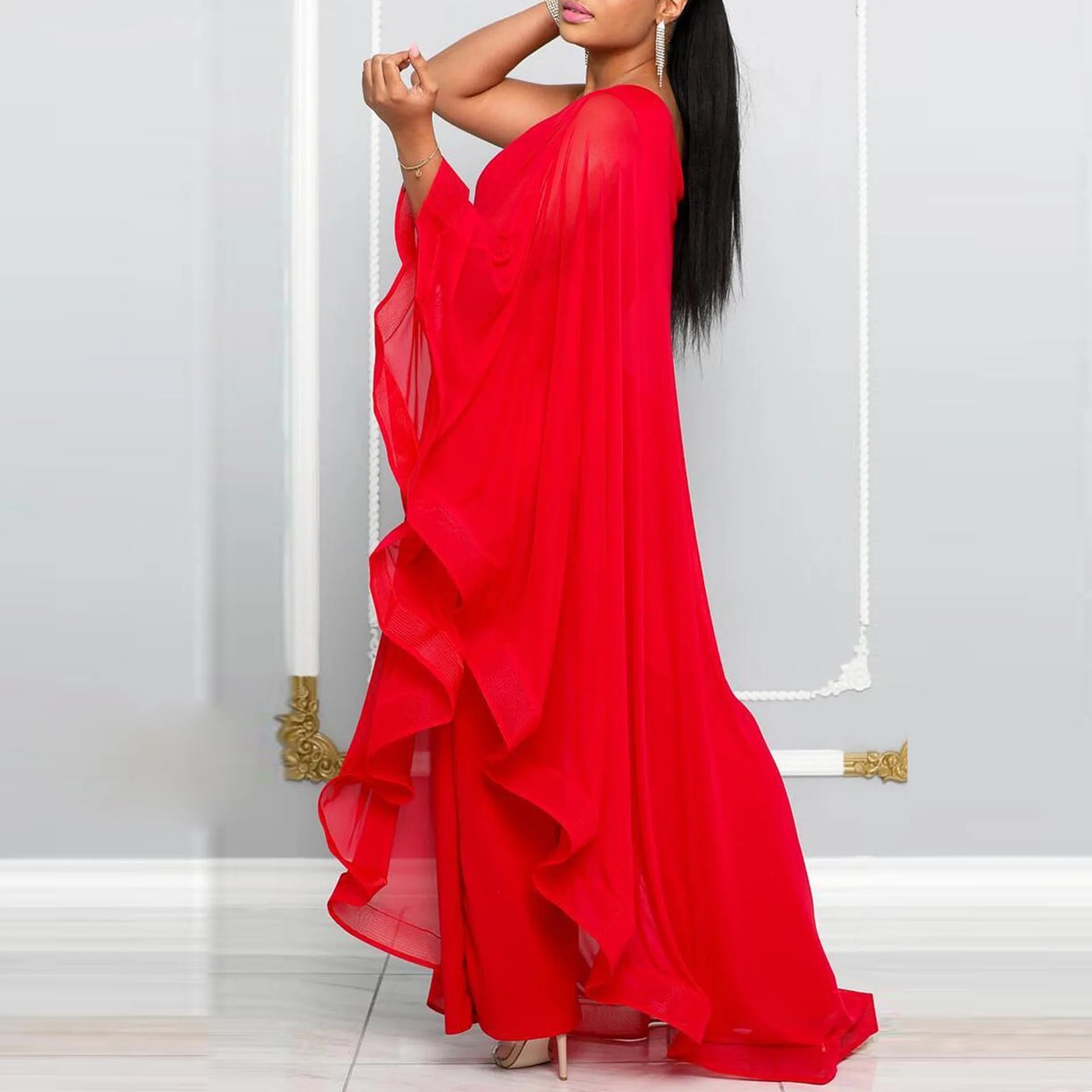 Women's 2-3XL Fashion Designer Ruffle One Shoulder Jumpsuits (Plus Size)-Women's Plus Size Fashion Designer Rompers / Jumpsuits-Women's fashion designer plus size clothes