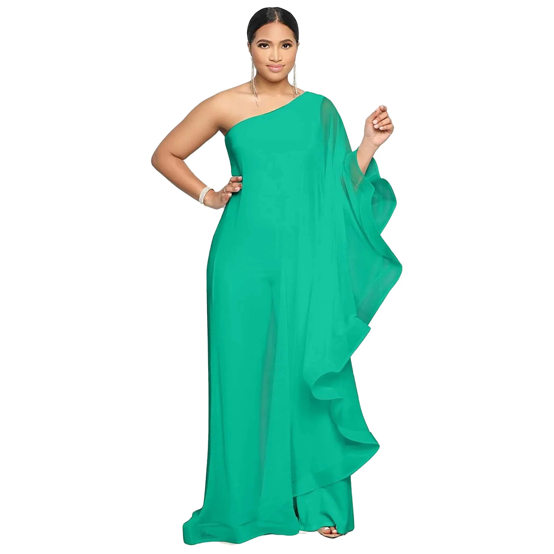 Women's 2-3XL Fashion Designer Ruffle One Shoulder Jumpsuits (Plus Size)-Women's Plus Size Fashion Designer Rompers / Jumpsuits-Women's fashion designer plus size clothes