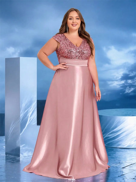Fashion Designer Curve Dresses Women's 2-4XL A Line Sequin Fashion Designer  Satin Long Dresses