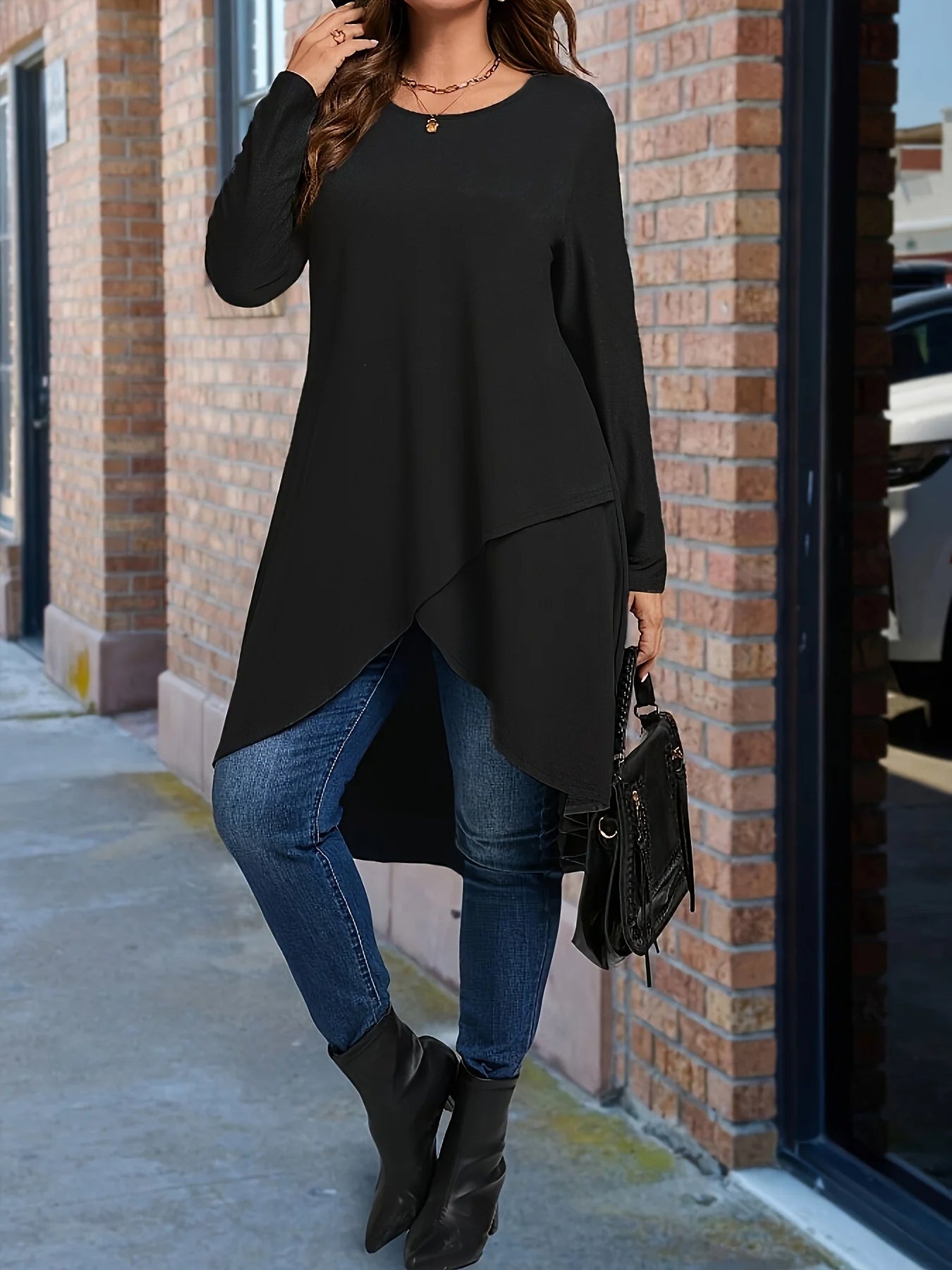 Women's 2-5XL Designer Fashion Asymmetrical Long-Sleeve Tops (Plus Size)-Women's Fashion Designer Plus Size Long-Sleeve Tops-Black-Women's fashion designer plus size clothes