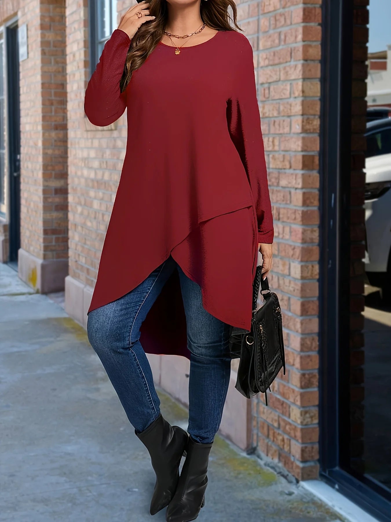 Women's 2-5XL Designer Fashion Asymmetrical Long-Sleeve Tops (Plus Size)-Women's Fashion Designer Plus Size Long-Sleeve Tops-Wine Red-Women's fashion designer plus size clothes