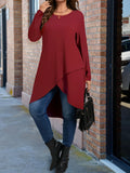 Women's 2-5XL Designer Fashion Asymmetrical Long-Sleeve Tops (Plus Size)-Women's Fashion Designer Plus Size Long-Sleeve Tops-Wine Red-Women's fashion designer plus size clothes
