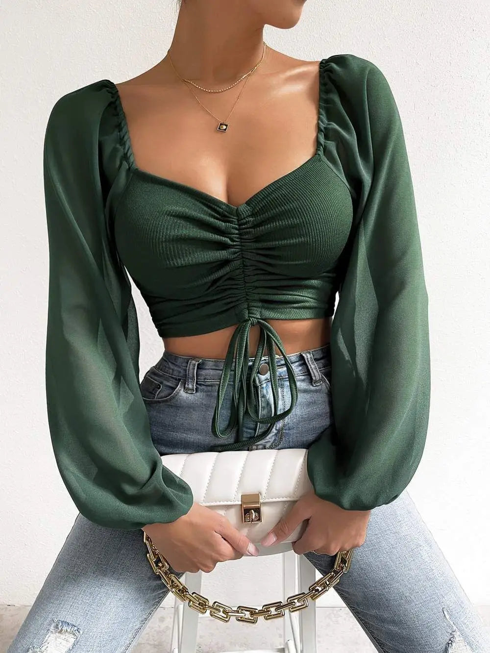 Women's Draw String Fashion Corset S-2XL Long-Sleeve Tops-Women's Fashion Designer Long-Sleeve Tops-army green-Women's fashion designer plus size clothes