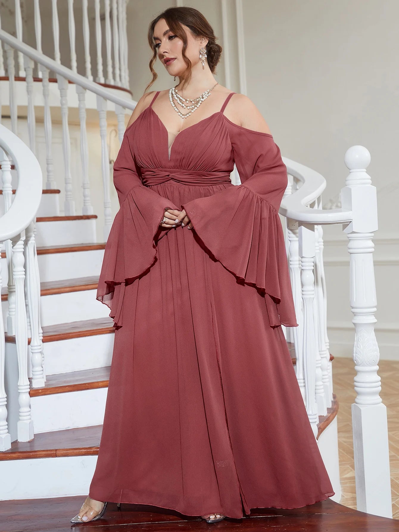 Women's Flared Sleeve Chiffon Fashion Designer 1-5XL Long Dresses (Plu – International Women's Clothing