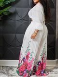 Women's Floral Pleated Chiffon Designer Fashion Pants and Top Jumpsuits (Plus Size)
