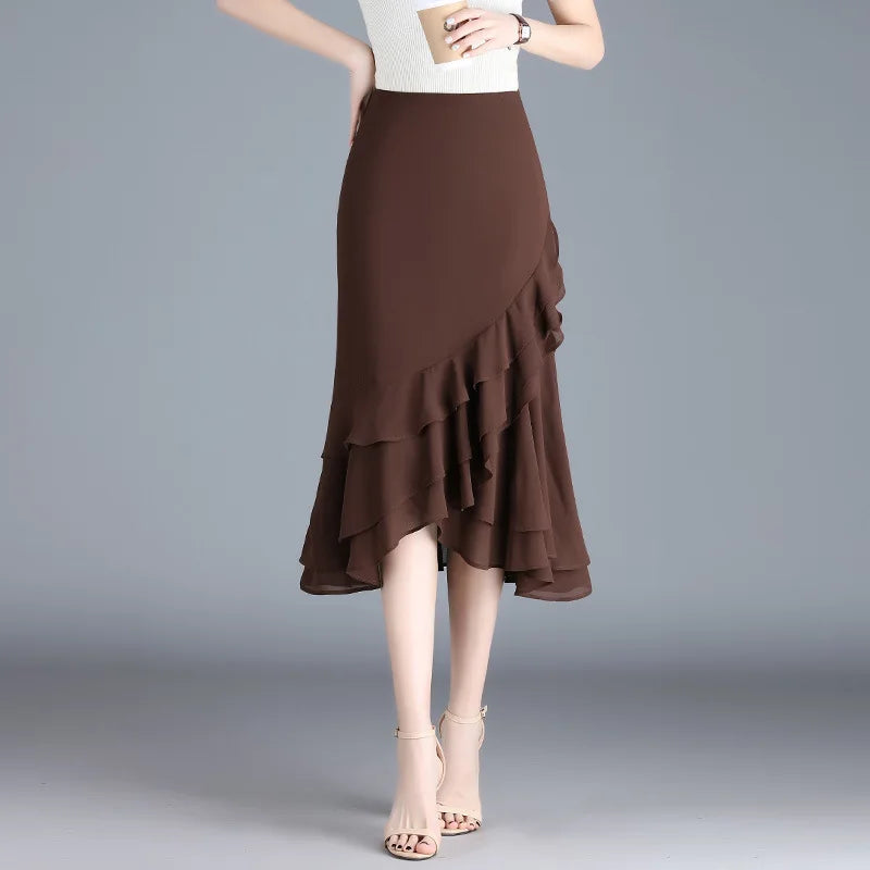 Women's Irregular Chiffon M-3XL Fashion Designer Fishtail Skirts (Midi)-Women's Fashion Designer Skirts-Coffee-Women's fashion designer plus size clothes
