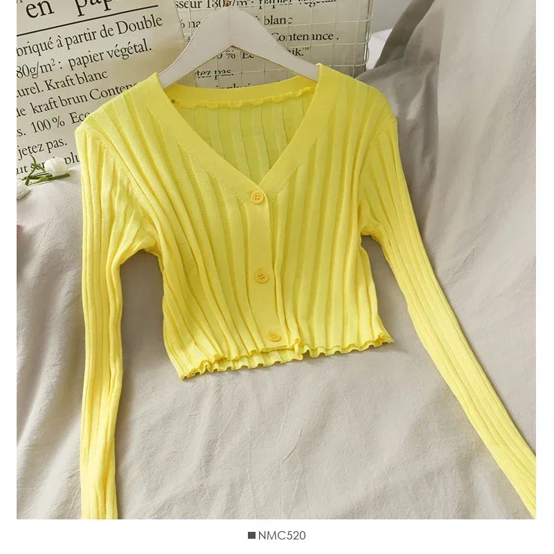 Women's Knitted Cropped Tops Fashion Designer Button Up Cardigans