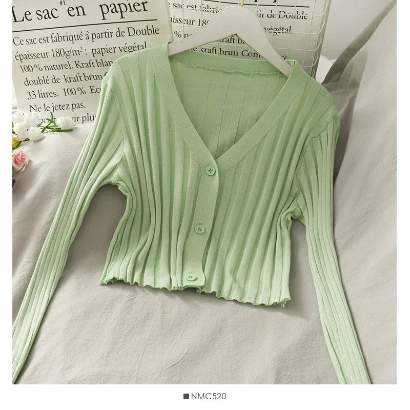 Women's Knitted Cropped Tops Fashion Designer Button Up Cardigans