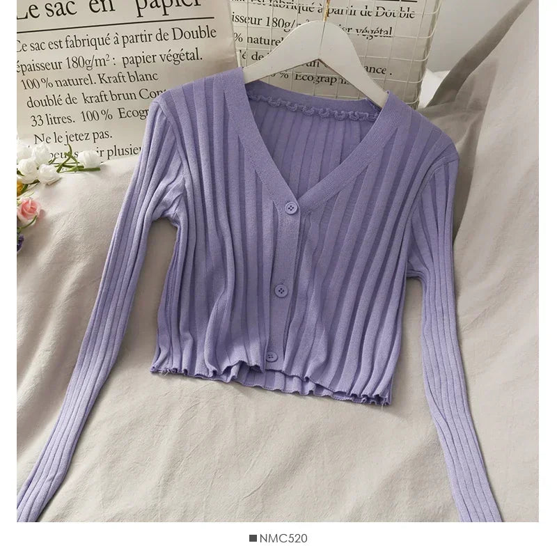 Women's Knitted Cropped Tops Fashion Designer Button Up Cardigans