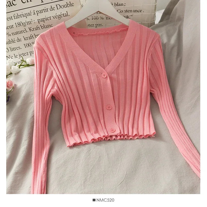 Women's Knitted Cropped Tops Fashion Designer Button Up Cardigans