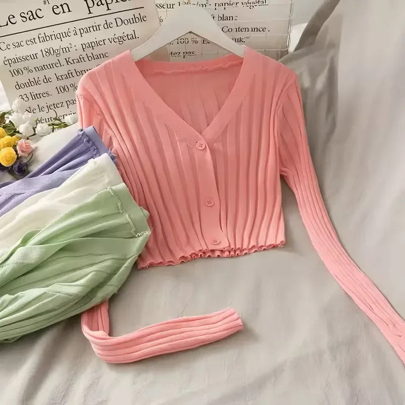 Women's Knitted Cropped Tops Fashion Designer Button Up Cardigans