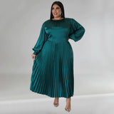 Women's Puff Sleeve Fashion Designer Satin Pleated Long Dresses (Plus Size)