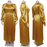 Women's Puff Sleeve Fashion Designer Satin Pleated Long Dresses (Plus Size)
