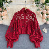 Women's  Lace Hollow Out Designer Fashion V-neck Ruffle Long-Sleeve Tops