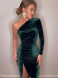 Women's One Shoulder Ruched Slit Velvet Fashion Designer Dresses (Midi)