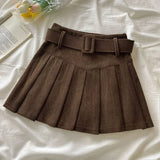 Women's Corduroy Belted Fashion Designer S-XL Pleated Mini Skirts (Short)