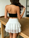 Women's S-XL Fashion Designer Lace Ruffled Mini Top & Skirts (Short)