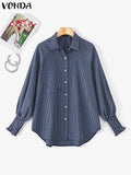 Women's Striped Fashion Designer 2-5XL Lantern Long-Sleeve Tops (Plus Size)