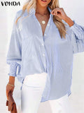 Women's Striped Fashion Designer 2-5XL Lantern Long-Sleeve Tops (Plus Size)