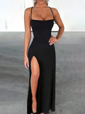 Women's High-Slit Cross-Strap S-L Fashion Designer Plunged Dresses (Long)
