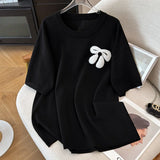 Women's 4-9XL Blouse Fashion Designer Bow Knitted T-Shirts (Plus Size)