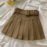 Women's Corduroy Belted Fashion Designer S-XL Pleated Mini Skirts (Short)