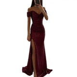 Women's V-Neck Sequin Bodycon Fashion Designer High Split Dresses (Long)