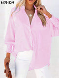 Women's Striped Fashion Designer 2-5XL Lantern Long-Sleeve Tops (Plus Size)