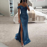 Women's V-Neck Sequin Bodycon Fashion Designer High Split Dresses (Long)
