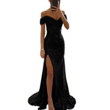 Women's V-Neck Sequin Bodycon Fashion Designer High Split Dresses (Long)