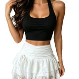 Women's S-XL Fashion Designer Lace Ruffled Mini Top & Skirts (Short)