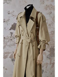 Women's Khaki Long Trench Fashion Designer S-L Ruffled Loose Jackets
