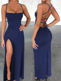 Women's High-Slit Cross-Strap S-L Fashion Designer Plunged Dresses (Long)