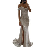 Women's V-Neck Sequin Bodycon Fashion Designer High Split Dresses (Long)
