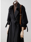 Women's Khaki Long Trench Fashion Designer S-L Ruffled Loose Jackets