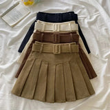 Women's Corduroy Belted Fashion Designer S-XL Pleated Mini Skirts (Short)