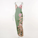 Women's V-Neck Suspender Fashion Designer Floral Dresses (Long)