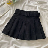 Women's Corduroy Belted Fashion Designer S-XL Pleated Mini Skirts (Short)