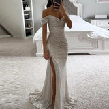 Women's V-Neck Sequin Bodycon Fashion Designer High Split Dresses (Long)