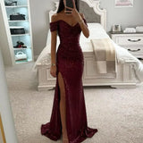 Women's V-Neck Sequin Bodycon Fashion Designer High Split Dresses (Long)