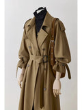 Women's Khaki Long Trench Fashion Designer S-L Ruffled Loose Jackets