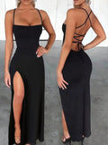 Women's High-Slit Cross-Strap S-L Fashion Designer Plunged Dresses (Long)