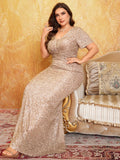 Women's 1-5XL Fashion Designer Sequins Evening Long Dresses (Plus Size)