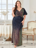 Women's 1-5XL Fashion Designer Surplice Neck Sequin Long Dresses (Plus Size)