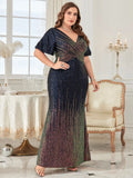 Women's 1-5XL Fashion Designer Surplice Neck Sequin Long Dresses (Plus Size)