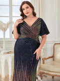 Women's 1-5XL Fashion Designer Surplice Neck Sequin Long Dresses (Plus Size)