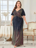 Women's 1-5XL Fashion Designer Surplice Neck Sequin Long Dresses (Plus Size)
